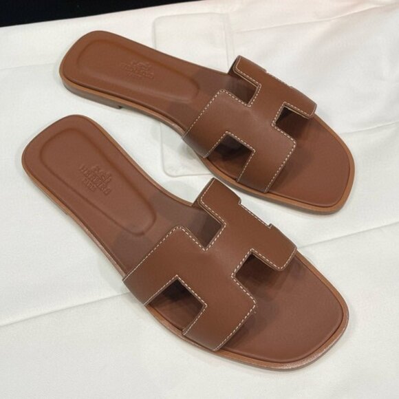 Hermes Brown Leather Slide Sandals - Picture 1 of 5